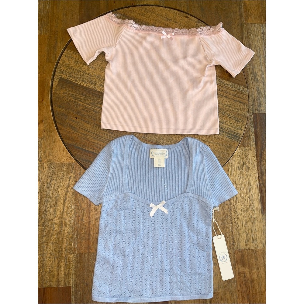 The Prairie Blue Knit Bow Cropped Sweater & Pink Lace Trim Off-Shoulder Top Set